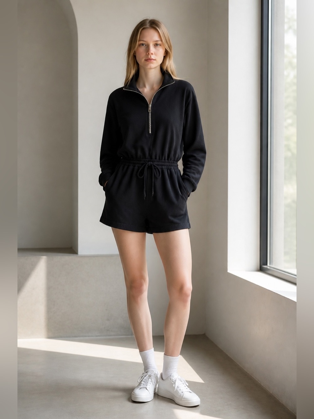 Express Black Romper with Quarter Zip and Pockets